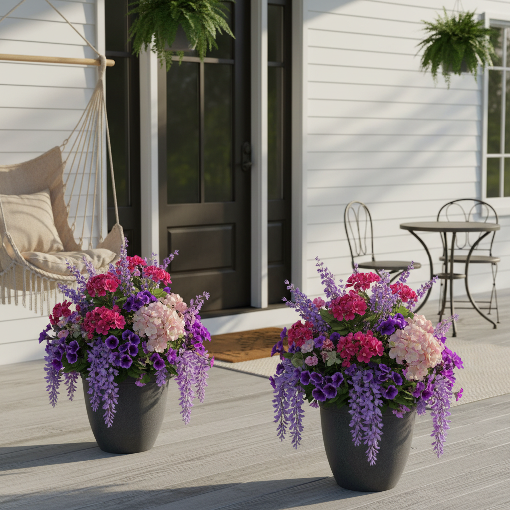 Your Porch Planters Can Look Full and Colorful Year-Round — If You Choose the Right Fake Outdoor Flowers