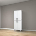 Keter Storage Cabinet with Doors and Shelves for Laundry Room, Garage, Bathroom Accessories, Closet and Home Organization, White & Grey