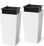 30 Inch Tall Self Watering Planters Set of 2, Outdoor Plant Pots with Automatic Watering System, Water Level Monitor, Drainage, Wheels & Inner Bucket, for Front Porch & Indoor Plants White