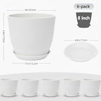 Plant Pots 8 Inch Set of 6, Flower Pots with Drainage Holes and Saucer, Plastic Garden Planters for Indoor & Outdoor Plants (White)