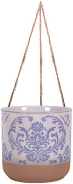 Blue Sky Clayworks 5" Hanging Chantel Blue Planter, Ceramic, 6" x 6" x 5", Soft Blue Damask & Clay Foot