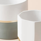 LA Jolie Muse White Ceramic Flower Pot Garden Planters 6.7 Inch Pack 2 Indoor Plant Containers with Gold and Grey Detailing
