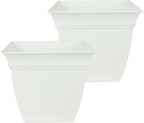 The HC Companies 12 Inch Eclipse Square Planter Pots with Drainage Holes & Attached Saucer, Lightweight UV-Resistant Plastic Indoor Outdoor Planters, 2-Pack Flower Pots for Garden & Home Decor, White