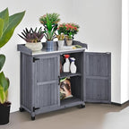 Yaheetech Garden Potting Bench Table, Outdoor Garden Horticultural Wooden Storage Cabinet & Solid Wood Planting Work Bench with Large Space Storage & Metal-Plated Tabletop, Gray