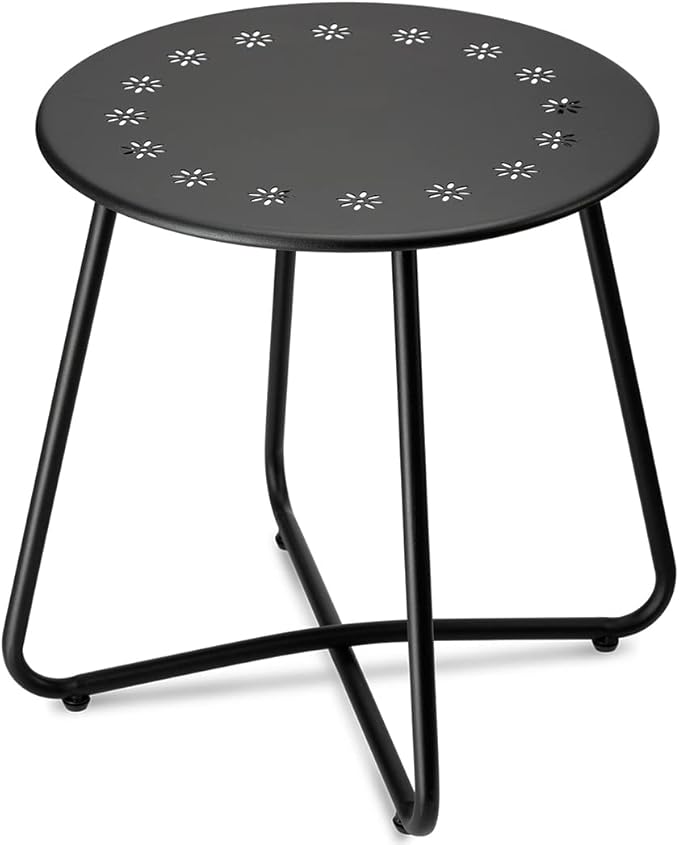 danpinera 2 Outdoor Side Tables with Flower Cut Outs, Weather Resistant Steel Patio Side Table, Small Round Outdoor End Table Metal Side Table for Patio Yard Balcony Garden Black, Set of 2