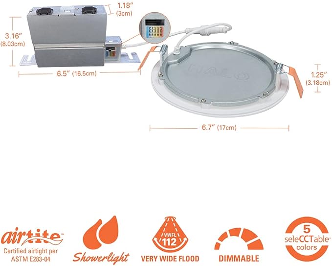 HALO HLB Recessed Lighting 6 Inch LED Thin Canless, Dimmable w/Selectable Color Temperatures - HLB6099FS1EMWR