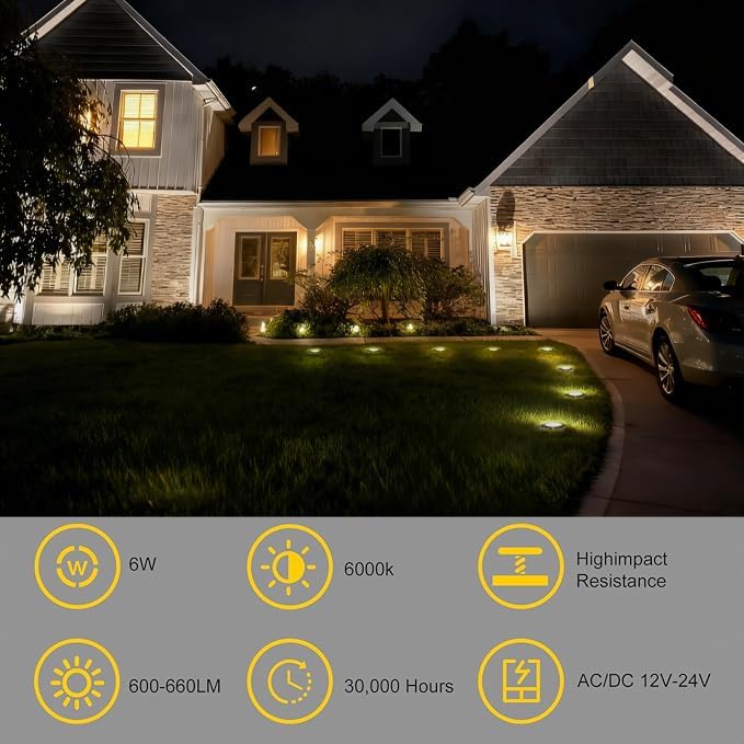 JESLED Outdoor Landscape Lights, 6W LED In Ground Well Lights, 12V 24V 3000K Warm White, IP67 Waterproof Low Voltage Landscaping Spotlight for Driveway Deck Step Yard Fence Garden Pathway (6 Pack)