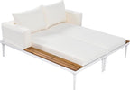 Outdoor Patio Metal Daybed with Wood Topped Side for Drinks, 2 in 1 Padded Chaise Lounge Chair with Cushions & Pillows, Outdoor Double Sun Lounger for Lawn Garden Poolside, Beige