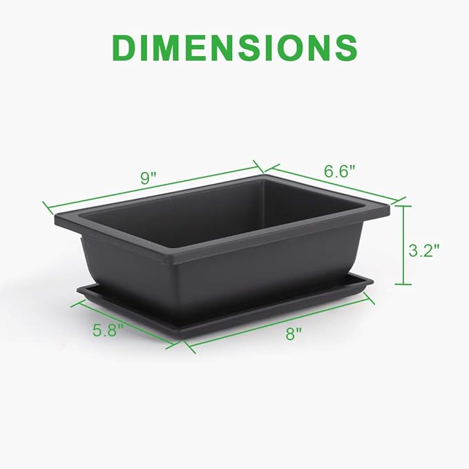 Bonsai Pot Set, 9 Inch Black Plastic, 3 Pack with Drainage Holes