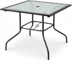 Tangkula 35 Inch Patio Dining Table with Tempered Glass Top, Square 4-Person Outdoor Bistro Table with 1.5" Umbrella Hole & Sturdy Metal Frame, Patio Dining Table for Backyard, Lawn, Deck & Poolside
