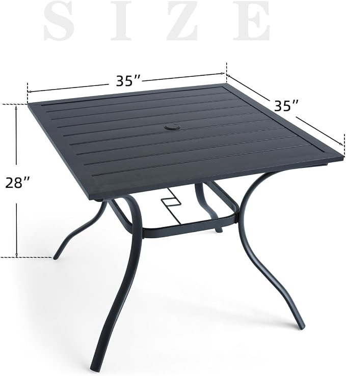 Dining Table for Patio, Square Steel Frame with Umbrella Hole, Black