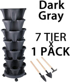 GameXcel Vertical Planter 7 Tier Stackable Planters Garden Planters Strawberry Herb Flower and Vegetable Planter Indoor Outdoor Gardening Pots with Removable Wheels and Tools - Dark Gray
