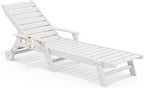 SERWALL Patio Chaise Lounge Chair, 78'' Long HDPE 5 Positions Adjustable Outdoor Lounger, Poly Lounge Chair with Rolling Wheels & Cup Holder for Pool, Light White