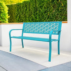 VINGLI 50" Outdoor Bench Metal with Floral Back, Garden Bench Front Porch Benches for Yard Patio Entryway Park, 800lb Capacity - Blue