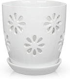 Oairse 6 inch Orchid Pots with Holes, White Ceramic Orchid Pot for Repotting Small Indoor Plant Pots with Drainage Holes and Saucers Decorative Flower Planter for Orchids, Indoor Plant