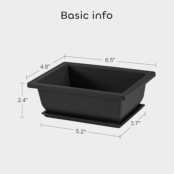 Rectangle Bonsai Pots, 3 Pack 6.5 Inch Black Plastic with Drainage Trays
