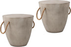 COSIEST Set of 2 Outdoor Cup Shaped Side Table, Concrete Side Table w Hemp Rope Handles,17''Patio Side Tables End Table, Outdoor Accent Table for Garden and Patio, Grey