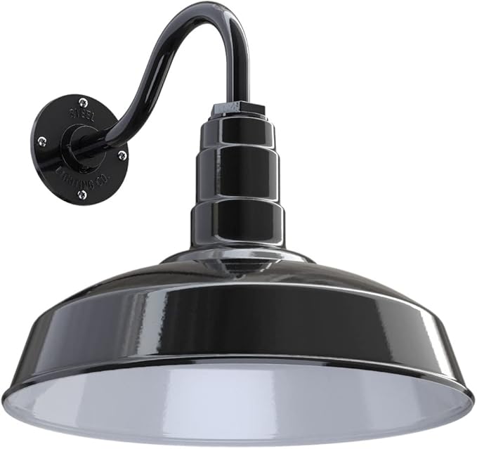 Wall Light Sconce with 16-Inch Dome, Black and White Steel Finish