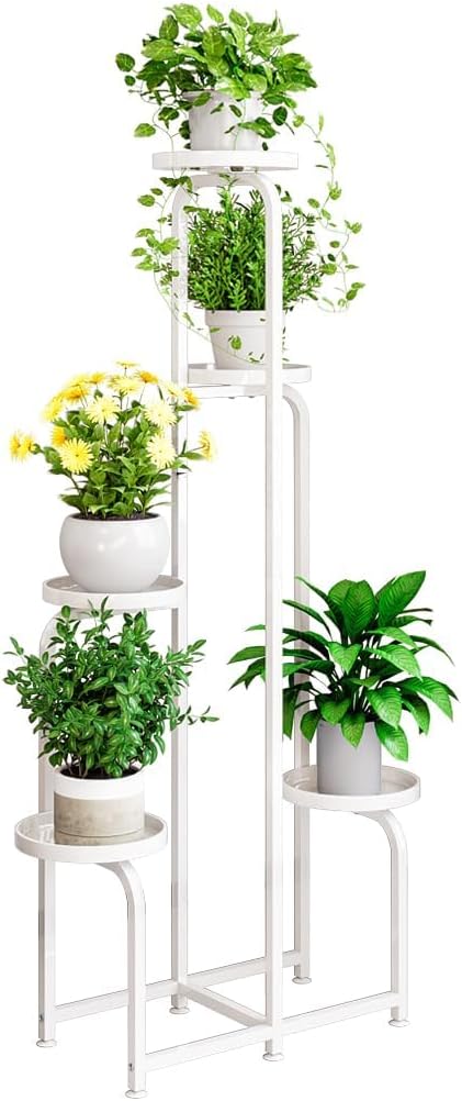 Plant Stand Indoor Outdoor 5 Tier Metal Plant Shelf for Multiple Plants Corner Flower Holders for Living Room Balcony Bedroom Patio Garden, Black (White, 5-Tier)