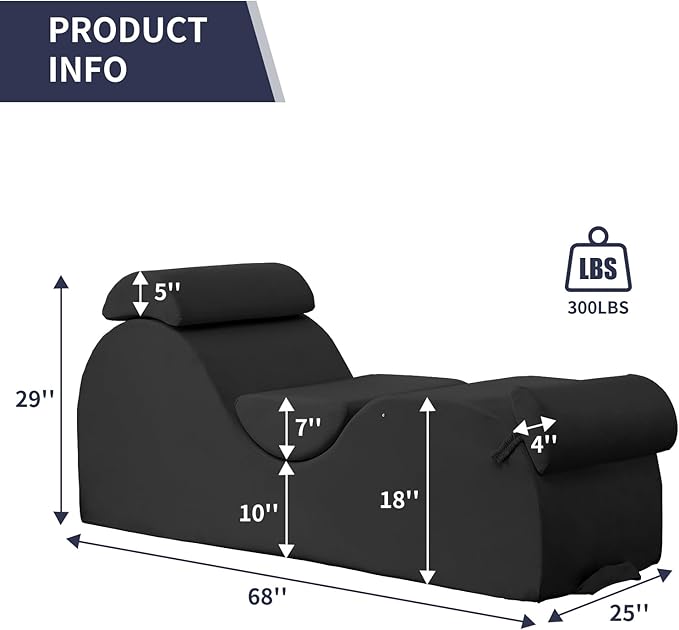 ijuicy Sleek Chaise Lounge Chair for Exercise/Yoga, Indoor Lounger with Headrest, Waist Cushion, Movable Footrest, Side Pockets, Non-Slip Bottom, High Density Sponge, Black