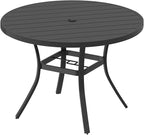 MELLCOM 42'' Round Outdoor Dining Table for 4, Metal Patio Dining Table with Umbrella Hole, All-Weather Black Table for Porch, Garden, Backyard, Poolside, Lawn
