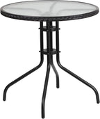Flash Furniture Lila 28'' Round Glass Metal Table with Black Rattan Edging and 2 Black Rattan Stack Chairs