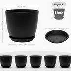 Plant Pots 8 Inch Set of 6, Flower Pots with Drainage Holes and Saucer, Plastic Garden Planters for Indoor & Outdoor Plants (Black)