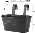 3 Pack Metal Railing Planters, 10.5" Oval Hanging Flower Pots with Detachable Hooks & Drainage Holes, Fits Rails up to 2.36", Galvanized Iron Fence Bucket for Balcony Garden Patio - Black