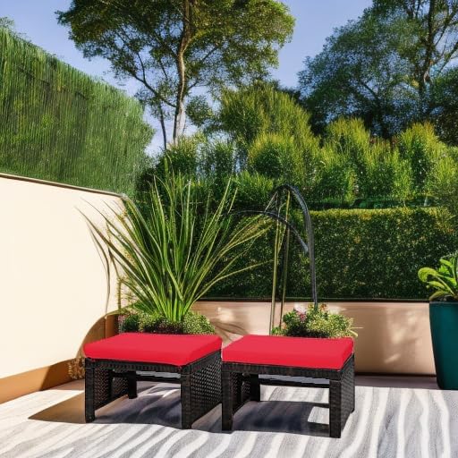 Tangkula 2 Pieces Patio Rattan Ottomans, All Weather Outdoor Footstool Footrest Seat with Soft Cushion, Hidden Zipper, High-Density Sponge, Wicker Ottoman Seat for Patio, Garden, Poolside (Red)
