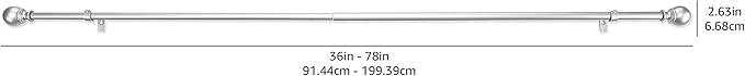 Amazon Basics Sturdy Adjustable Curtain Rod for Windows with Round Finials, Easy Installation, 1-Inch Rod, 36" to 72", Nickel, 1-Pack