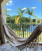 Hammock Brazilian Double Hammocks Soft Comfortable Fabric Cotton Canvas Hanging Portable Two Person Hammock Boho Fringe Large for Adults Backyard Travel