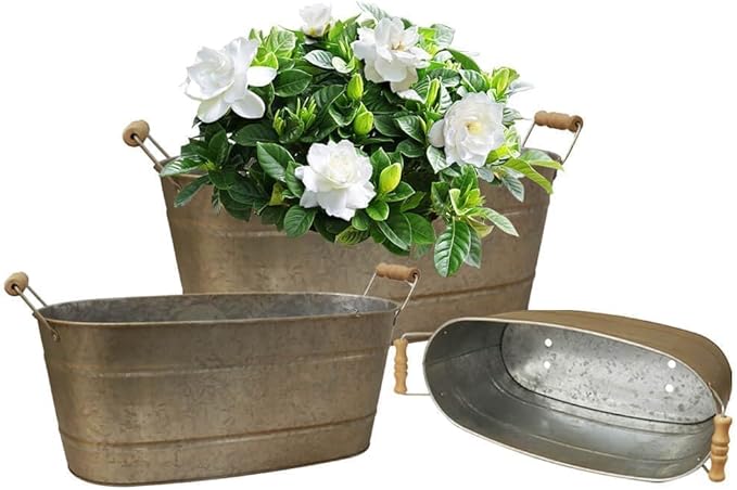 vensovo 15 Inch Galvanized Planters for Outdoor Plants - 3 Pcs Rustic Large Metal Flower Buckets with Drainage & Plug, Farmhouse Style Oval Planter Containers with Handles, Great for Home Decor