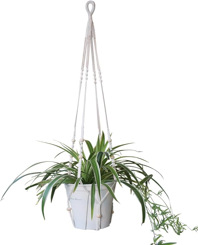 Macrame Plant Hanger Extra Long (52") Indoor Plant Holder with Beads, no Tassel- Long Plant Hanger for Tall Ceiling- Hanging Plant Holder for 6”-14”Pots -(1 Pack)