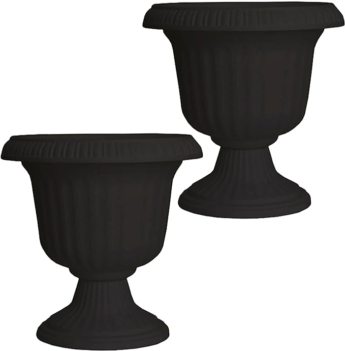 Southern Patio Large 14 Inch Outdoor Garden Lightweight Utopian Urn Planter with UV-Coated Finish for Entryways, Walkways, and More, Black (2 Pack)