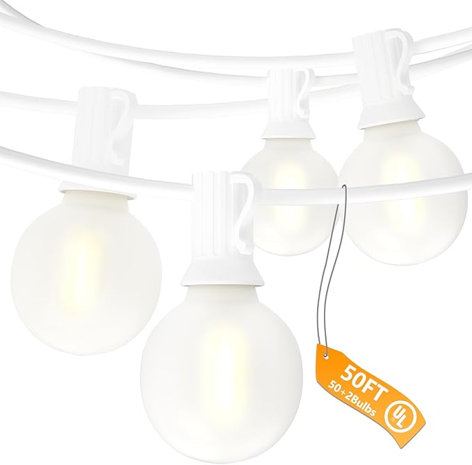 Indoor String Lights 50 FT Frosted White G40 LED Bulbs, Shatterproof
