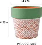 Terracotta Plant Pots Set of 2-4.7 Inch Vintage Pattern Clay Flowerpots with Green Rim & Drainage Holes, Decorative Terra Cotta Pots for Indoor Outdoor Garden Home Decor
