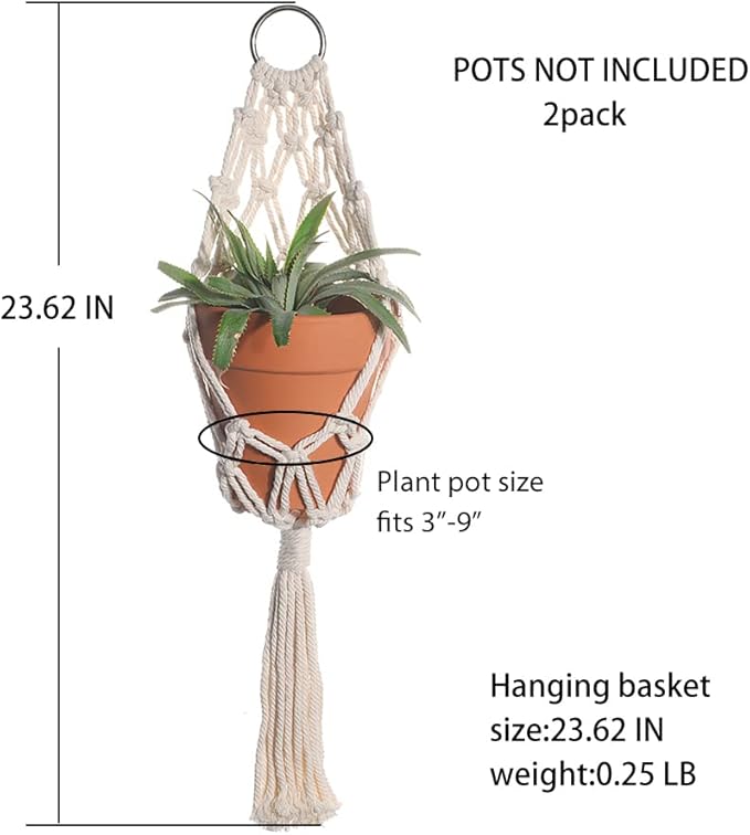 Artilady Boho Macrame Plant Hangers - Handmade Hemp Rope Hanging Baskets for Indoor Plants with Ceiling Hooks, Bohemian Home Decor Outdoor Wall Art (White Hanger-2pcs)