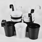 OBTANIM 12 Pack Metal Hanging Flower Pots Railing Planter Outdoor Fence Hanging Bucket Plant Holder with Detachable Hooks Drain Holes for Home Garden Yard Decor (Black and White, 4 x 4 Inch)