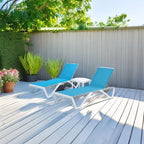 Kozyard Outdoor Chaise Lounge Chair, Full Flat Adjustable Patio Lounger with Aluminum Frame & Resin Legs, Textilene Fabric for Poolside, Backyard & Beach (Aqua/WhiteFrame, 2Chairs + Table)