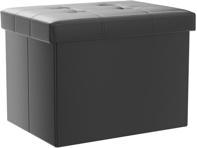 AmasSmile Storage Ottoman Folding Foot Rest Stool, Leather Footstool Bench, Short Ottoman Stool, Storage Foot Rest Store, Books (Black-2pc, 17" D x 13" W x 13" H)