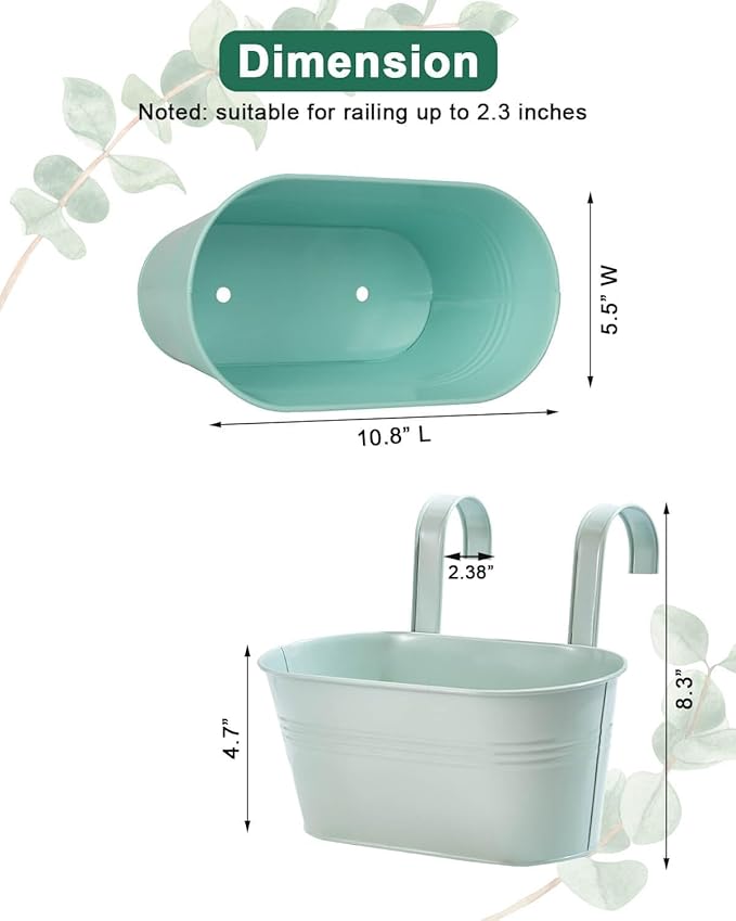 vensovo Metal Railing Planter for Outdoor Plants - 3 Pack Balcony Hanging Planter Box with Detachable Hooks and Drain Holes Oval Hanging Pots Fence Planters for Railing Garden Fence, Green