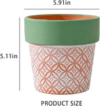 Terracotta Plant Pots Set of 2-5.9 Inch Vintage Pattern Clay Flowerpots with Green Rim & Drainage Holes, Decorative Terra Cotta Pots for Indoor Outdoor Garden Home Decor