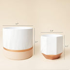 LA JOLIE MUSE White Ceramic Flower Pots - 6.7 + 5.4 Inch Indoor Planters, Plant Containers in a Marble Ink Pattern with Rose Gold and Pink Detailing