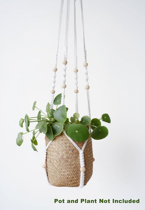 Macrame Plant Hanger Extra Long (52") Indoor Plant Holder with Beads, no Tassel- Long Plant Hanger for Tall Ceiling- Hanging Plant Holder for 6”-14”Pots -(1 Pack)