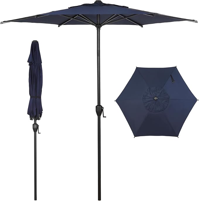 Abba Patio 7.5FT Lyon Outdoor Patio Umbrella Outdoor Table Umbrella with Push Button Tilt and Crank Market Umbrella 6 Sturdy Ribs UV Protection Waterproof for Garden Deck Backyard Pool, Navy Blue