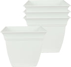 The HC Companies 8 Inch Eclipse Square Planter Pots with Drainage Holes & Attached Saucer, Lightweight UV-Resistant Plastic Indoor Outdoor Planters, 4-Pack Flower Pots for Garden & Home Decor, White