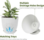 Plant Pots 8 Inch Set of 6, Flower Pots with Drainage Holes and Saucer, Plastic Garden Planters for Indoor & Outdoor Plants (White)