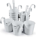OBTANIM 12 Pack Metal Hanging Flower Pots Railing Planter Outdoor Fence Hanging Bucket Plant Holder with Detachable Hooks Drain Holes for Home Garden Yard Decor (White, 4 x 4 Inch)