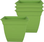 The HC Companies 6 Inch Eclipse Square Planter Pots w/Drainage Holes & Attached Saucer, Lightweight UV-Resistant Plastic Indoor Outdoor Planters, 4-Pack Flower Pots, Garden Home Decor, Peridot Green