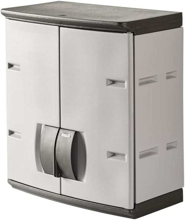 Rubbermaid Wall Mounted Storage Cabinet with Doors 150-Pound Capacity Gray Lockable Three-Shelf Cubbard for Tools/Car Accessories/Cleaning in Home/Garage/Outdoor Areas